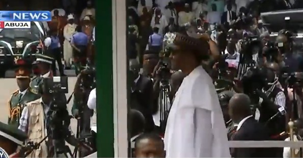 President Buhari & His Wife, Aisha Arrives Eagle Square "Democracy Day"