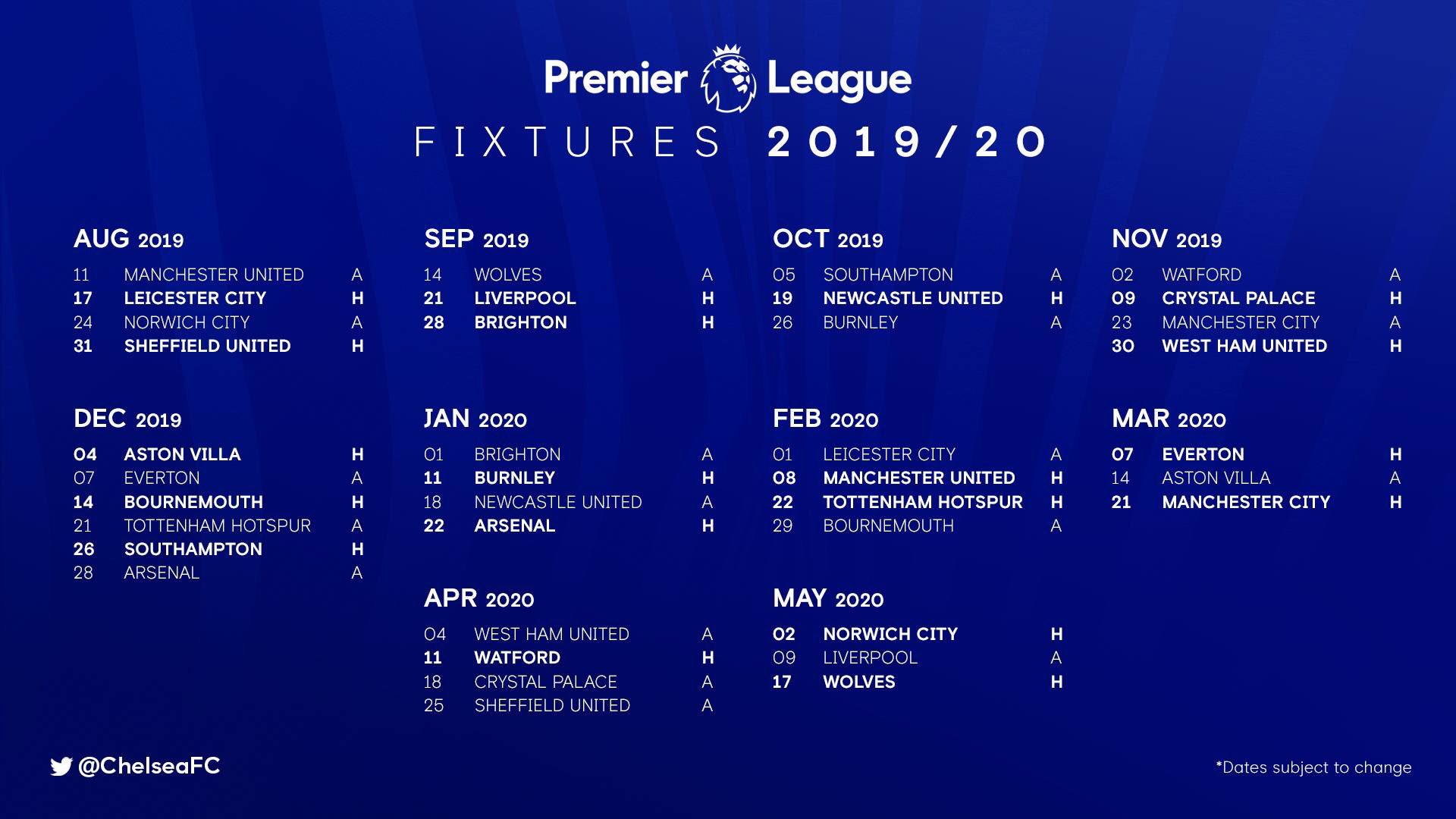 Chelsea Premier League Fixtures For 2019/20 Season ...