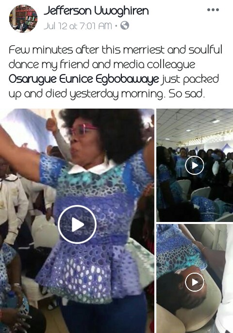 Image result for This lady slumped and died after dancing so much at the Old girls party of St Maria Goretti Girls School, her name was Late Sister Eunice Osarugue Egbobawaye*